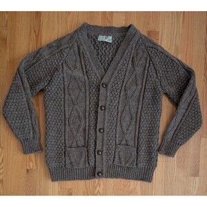 Cladyknit Fisherman Wool Sweater Cardigan Vintage 44 Brown Donegal Handcraft